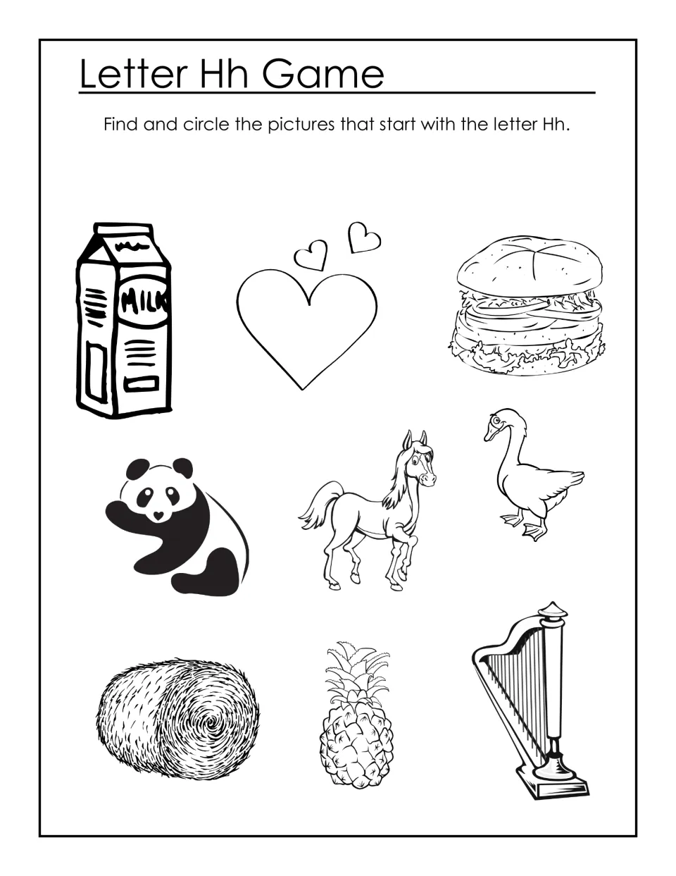 Letter Hh Game: students circle pictures starting with H, such as heart, hamburger, horse, hay and harp, among other items
