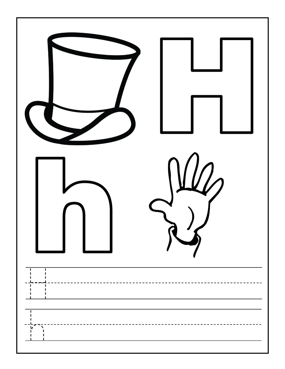 Letter H and h outlined beside a top hat and waving hand; students trace a dotted H and h and continue each row