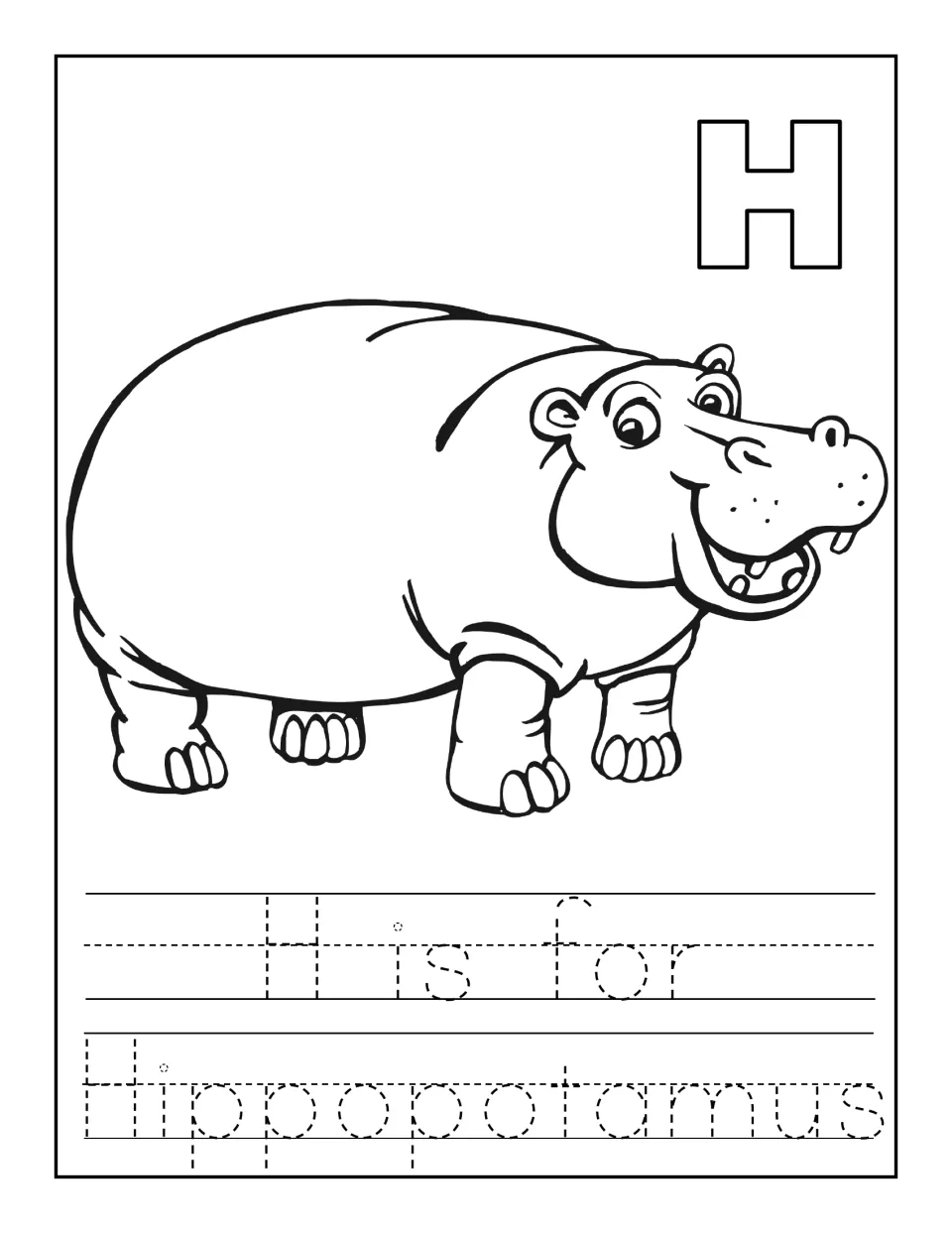 Hippo picture with an outlined H: students trace the dotted sentence 'H is for Hippopotamus' below the drawing