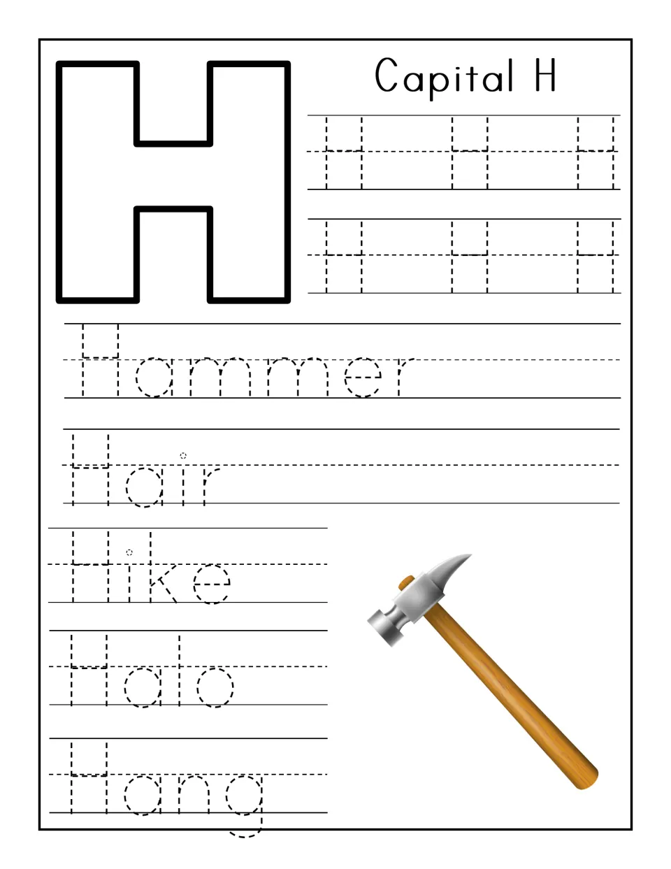 Capital H practice: students trace rows of dotted H, then the words Hammer, Hair, Hike, Halo and Hang by a hammer image