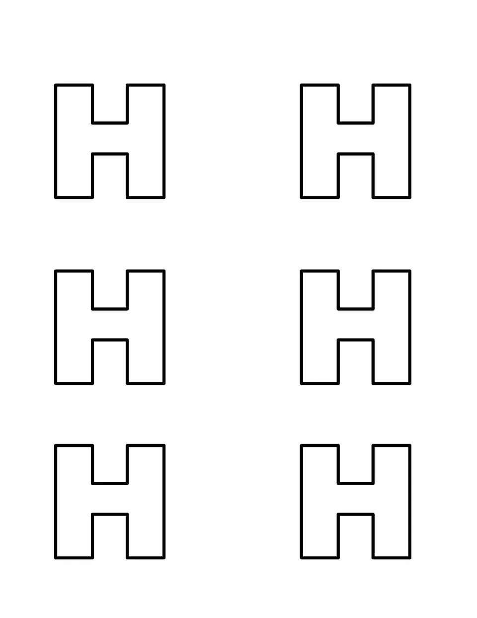 Six outlined capital H letters to print on card stock and cut out as the hidden pieces for the uppercase letter hunt