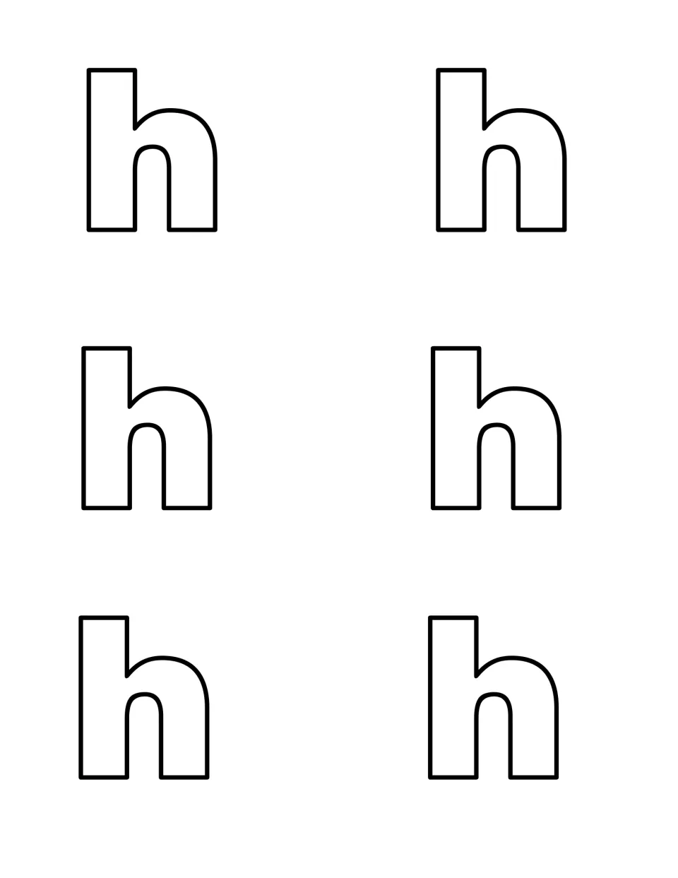 Six outlined lowercase h letters to print and cut out so children can search for and tell apart small h from capital H