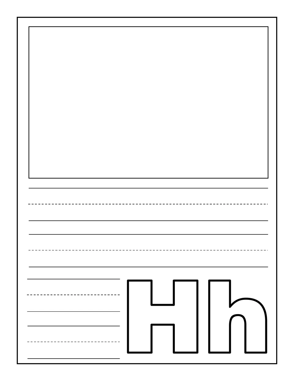 Letter Hh notebooking page: children draw or glue one H picture in a large space and write about it on handwriting rows