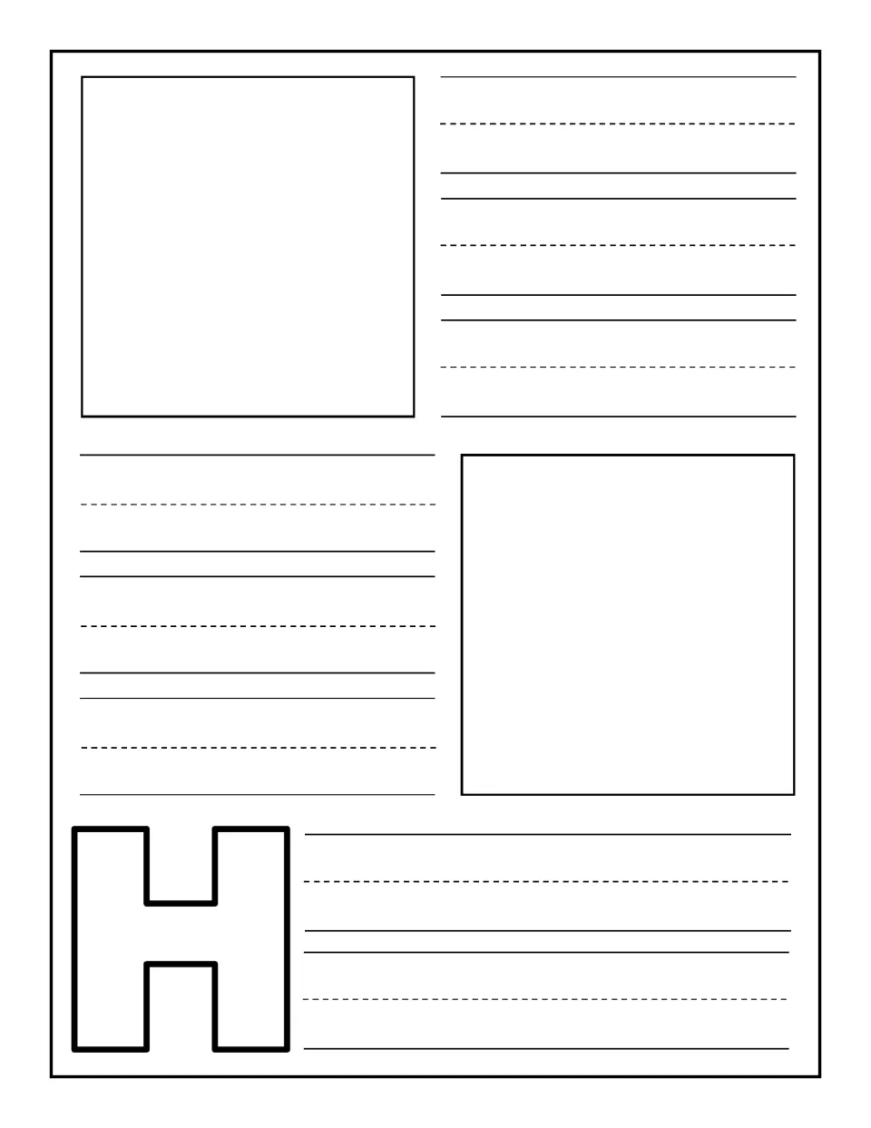 Uppercase H notebooking page: children add two pictures of H words and practise writing the words on dashed handwriting rows