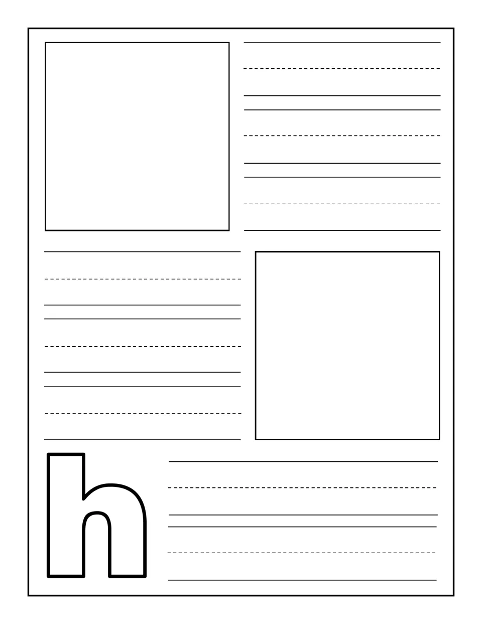 Lowercase h notebooking page: children illustrate two things that begin with h and copy each word on dashed handwriting rows