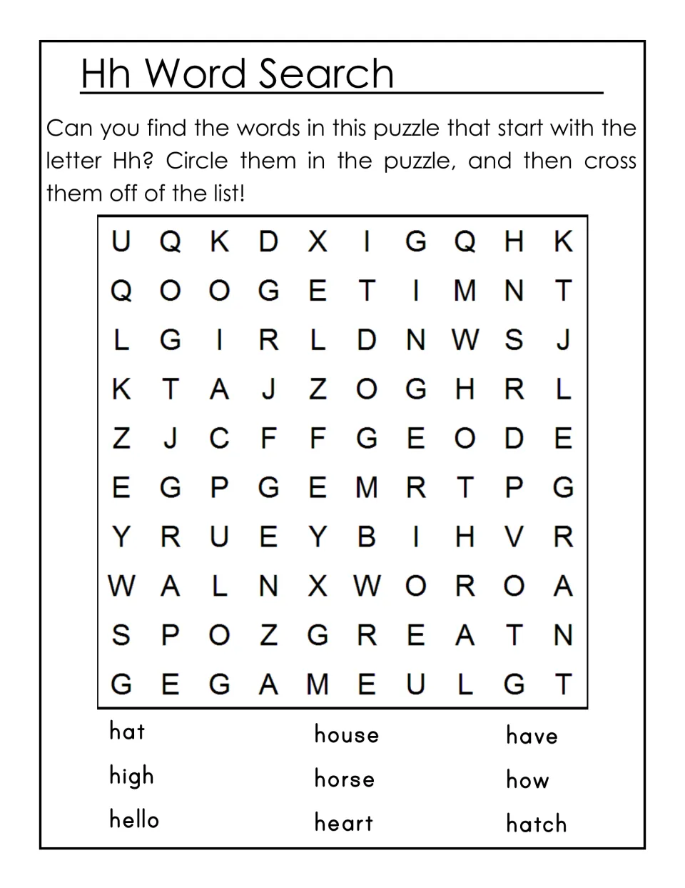 Hh word search: students circle 9 words starting with H, such as hat, house, horse and heart, then cross them off the list