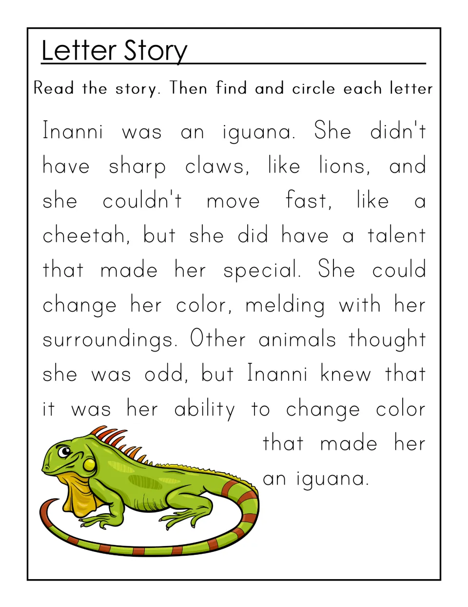 Letter Story about Inanni the color-changing iguana: students read along, then find and circle each letter I in the text