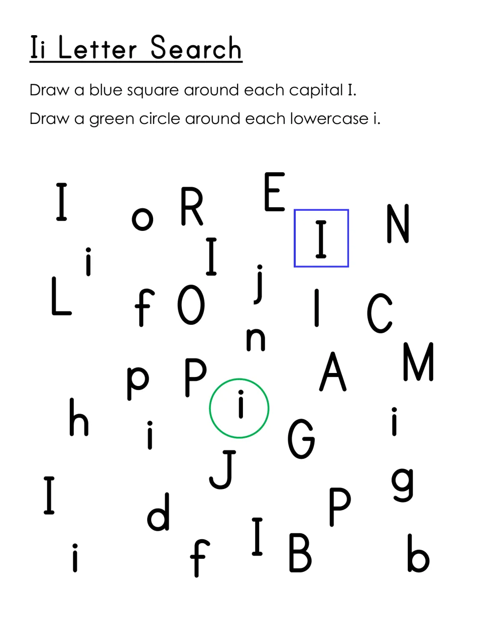 Ii Letter Search: students draw a blue square around each capital I and a green circle around each lowercase i