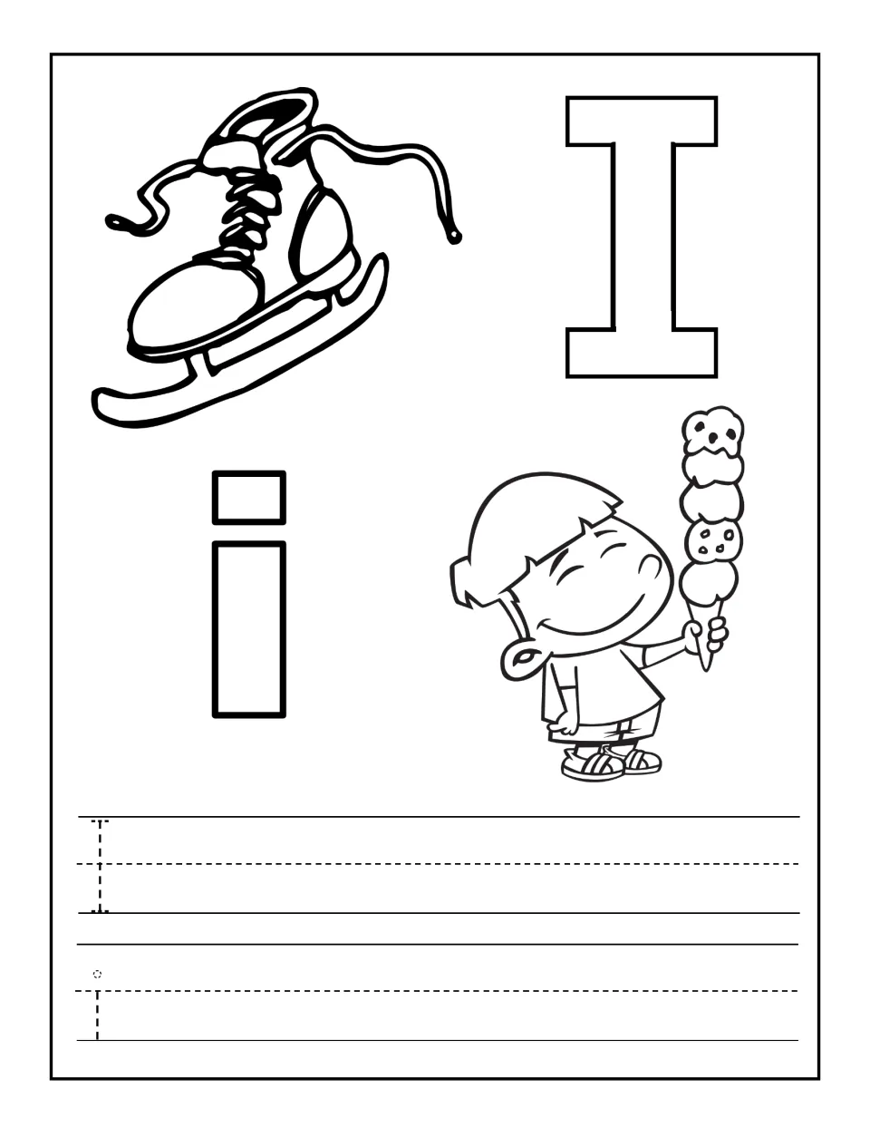 Letter I handwriting practice with uppercase I and lowercase i to trace, plus ice skate and ice cream pictures.