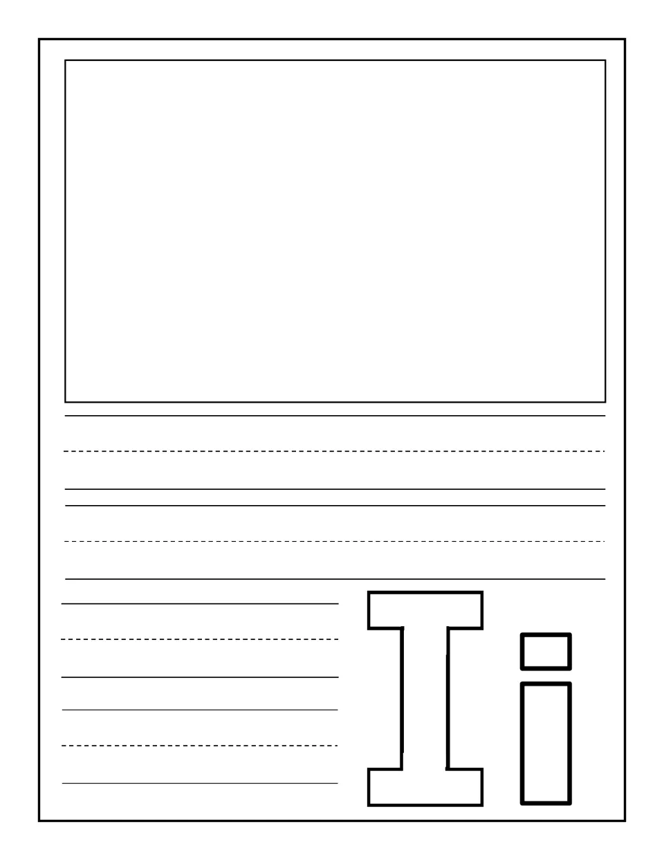 Letter Ii notebooking page: children draw one large picture of an I word, then write its name on handwriting rows