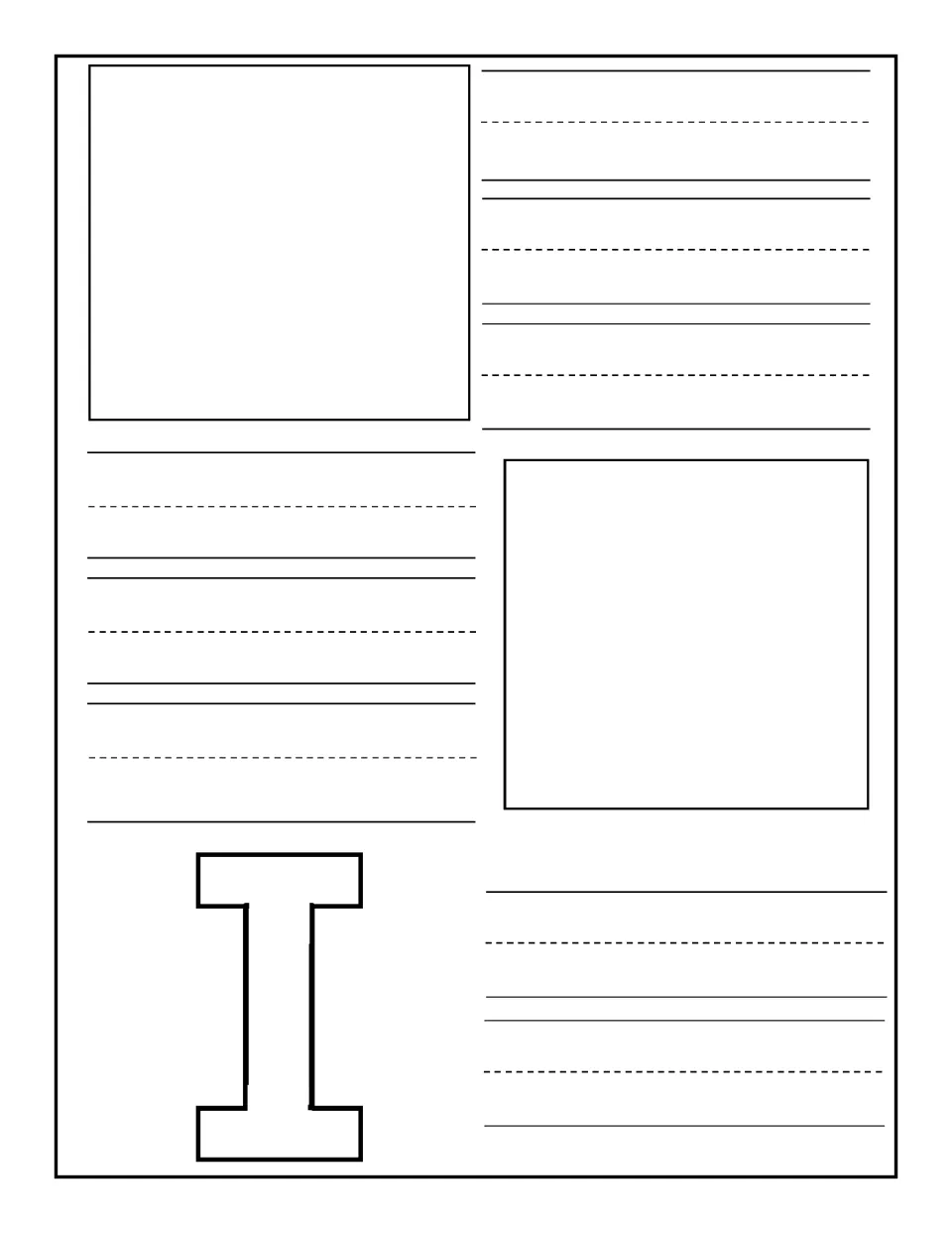 Uppercase I notebooking page: children draw or glue two pictures of things beginning with I and write a caption beside each