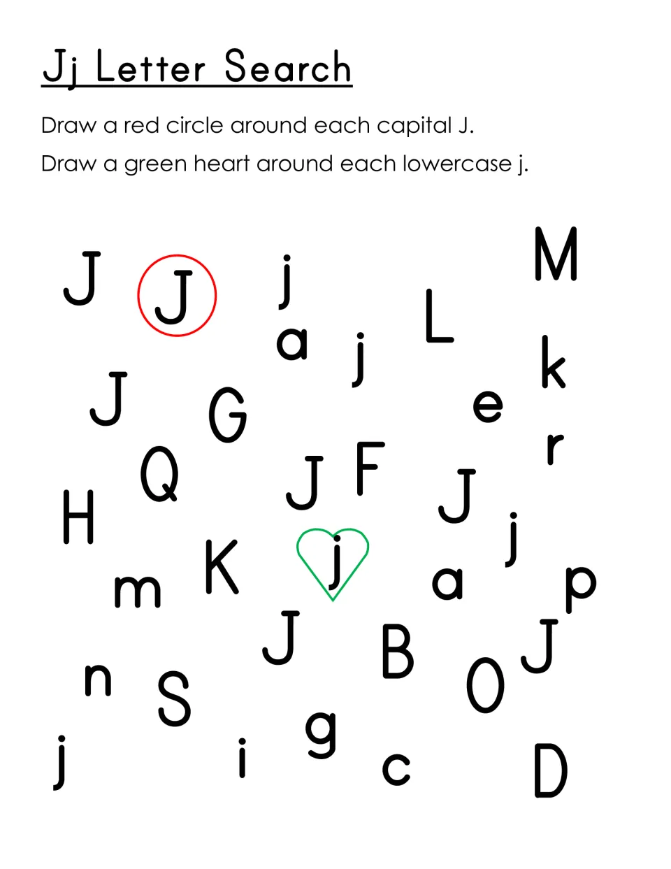 Jj letter search: students draw red circles around capital J and green hearts around lowercase j among mixed letters