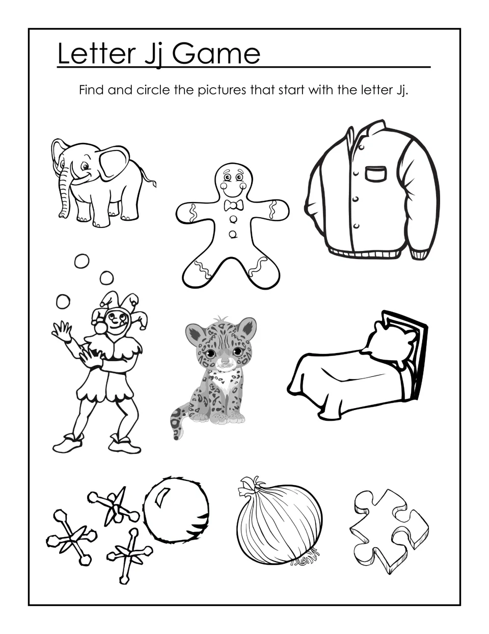 Letter Jj Game: students circle pictures starting with J, such as a jacket, jester, jaguar, jacks and a jigsaw piece