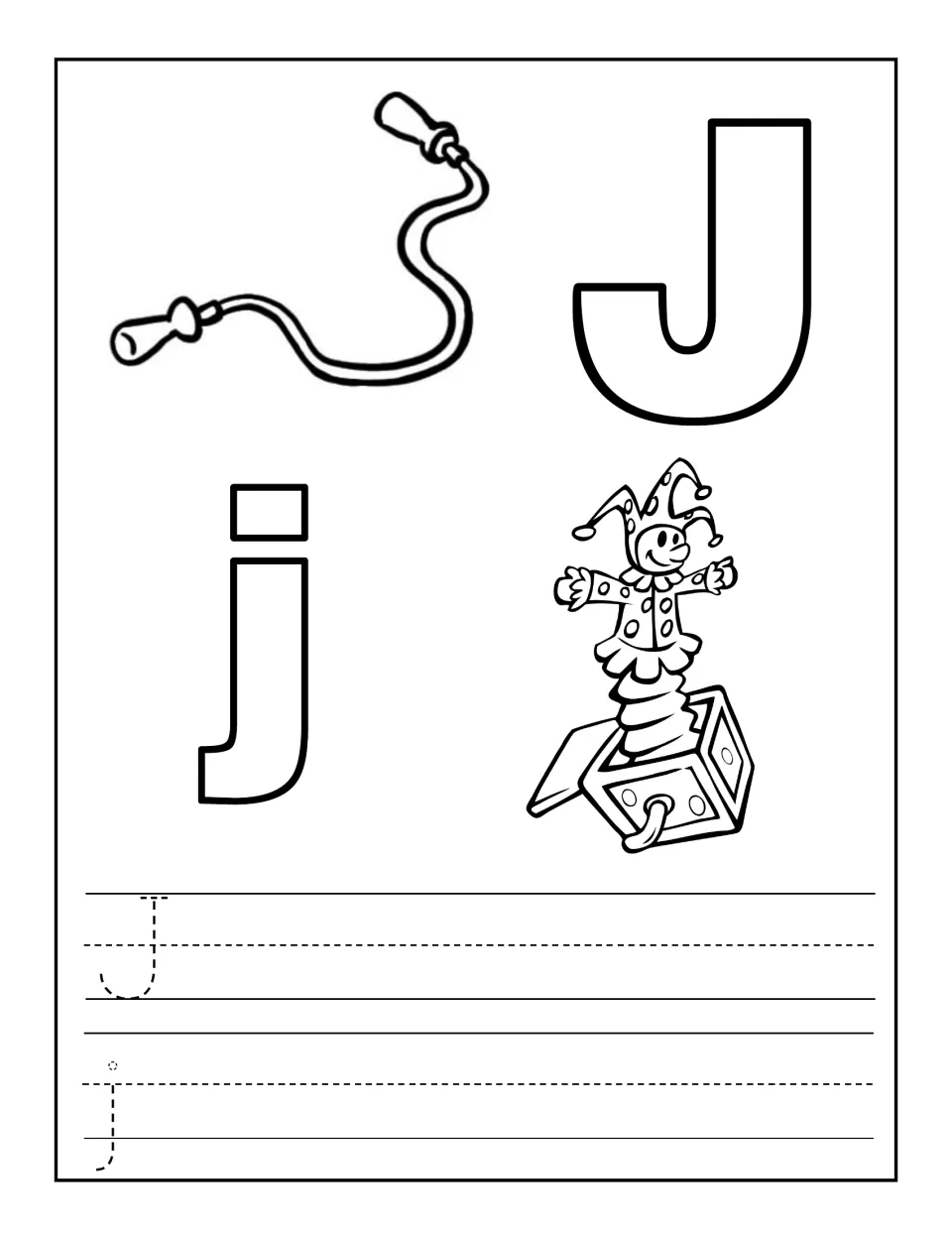 Letter J picture page: outline J and j with a jump rope and jack-in-the-box, plus dotted J and j for students to trace