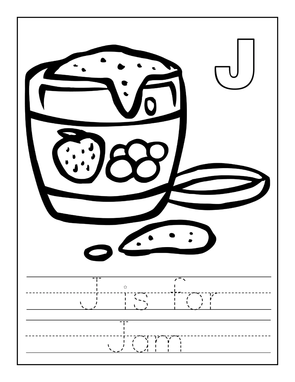 J is for Jam: a line drawing of a jam jar with an outline J; students trace the dotted words J is for Jam