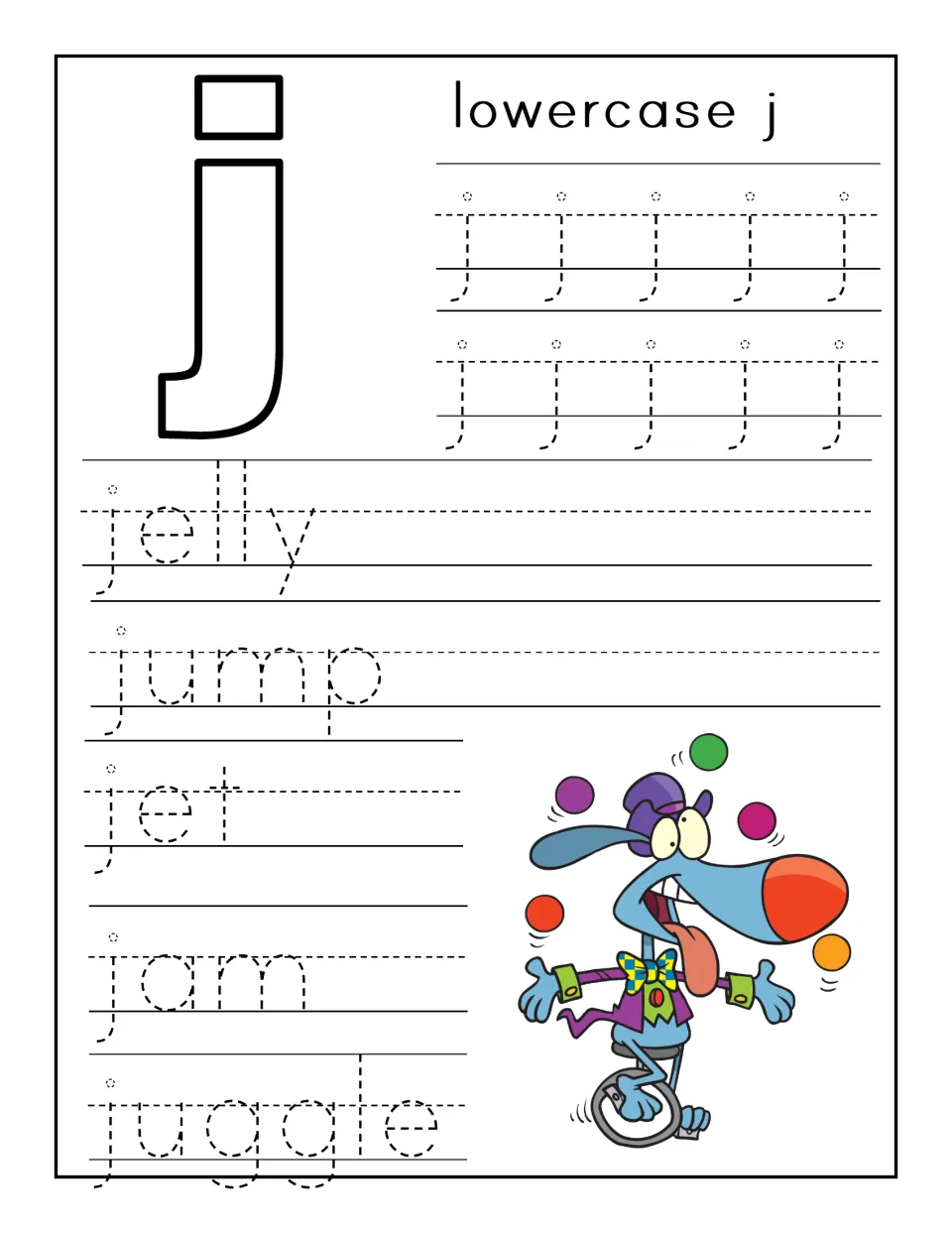 Lowercase j handwriting: students trace rows of dotted j, then the words jelly, jump, jet, jam and juggle by a juggler