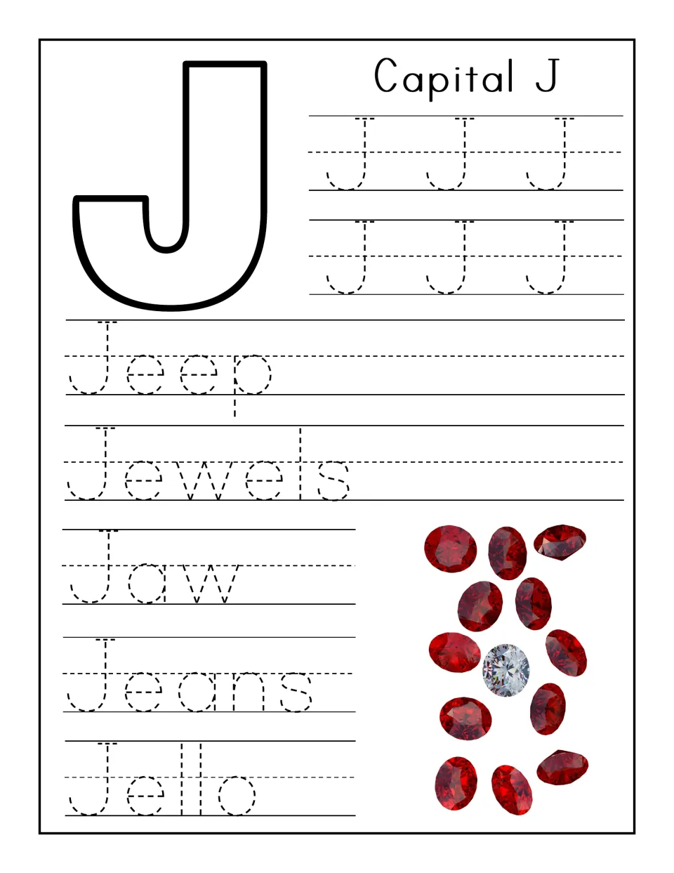 Capital J handwriting: students trace rows of dotted J, then the words Jeep, Jewels, Jaw, Jeans and Jello beside gems