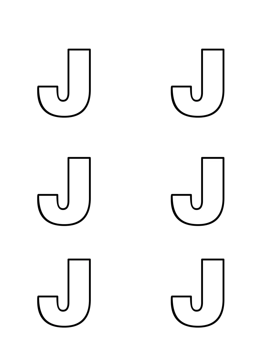 Six outlined capital J letters to print on card stock, cut out and hide for children to find during letter recognition