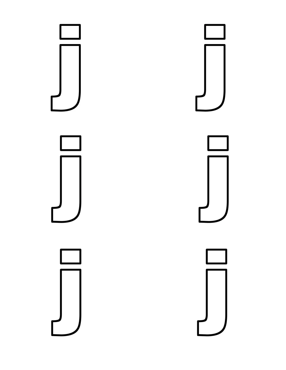 Six outlined lowercase j letters to cut out and hide, so children practise telling lowercase j apart from capital J