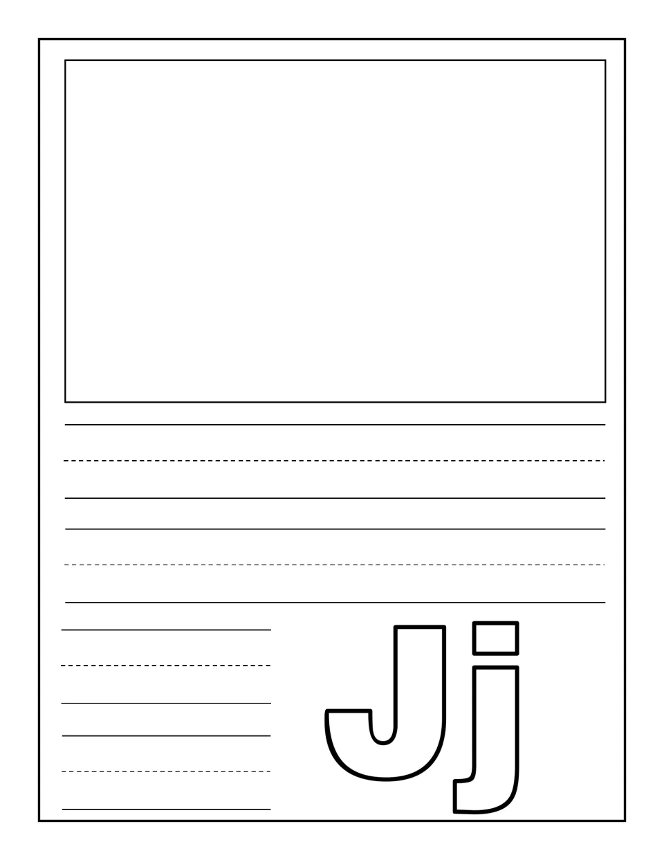 Letter J notebooking page: students draw or glue one picture of a J word and write a caption next to an outlined Jj