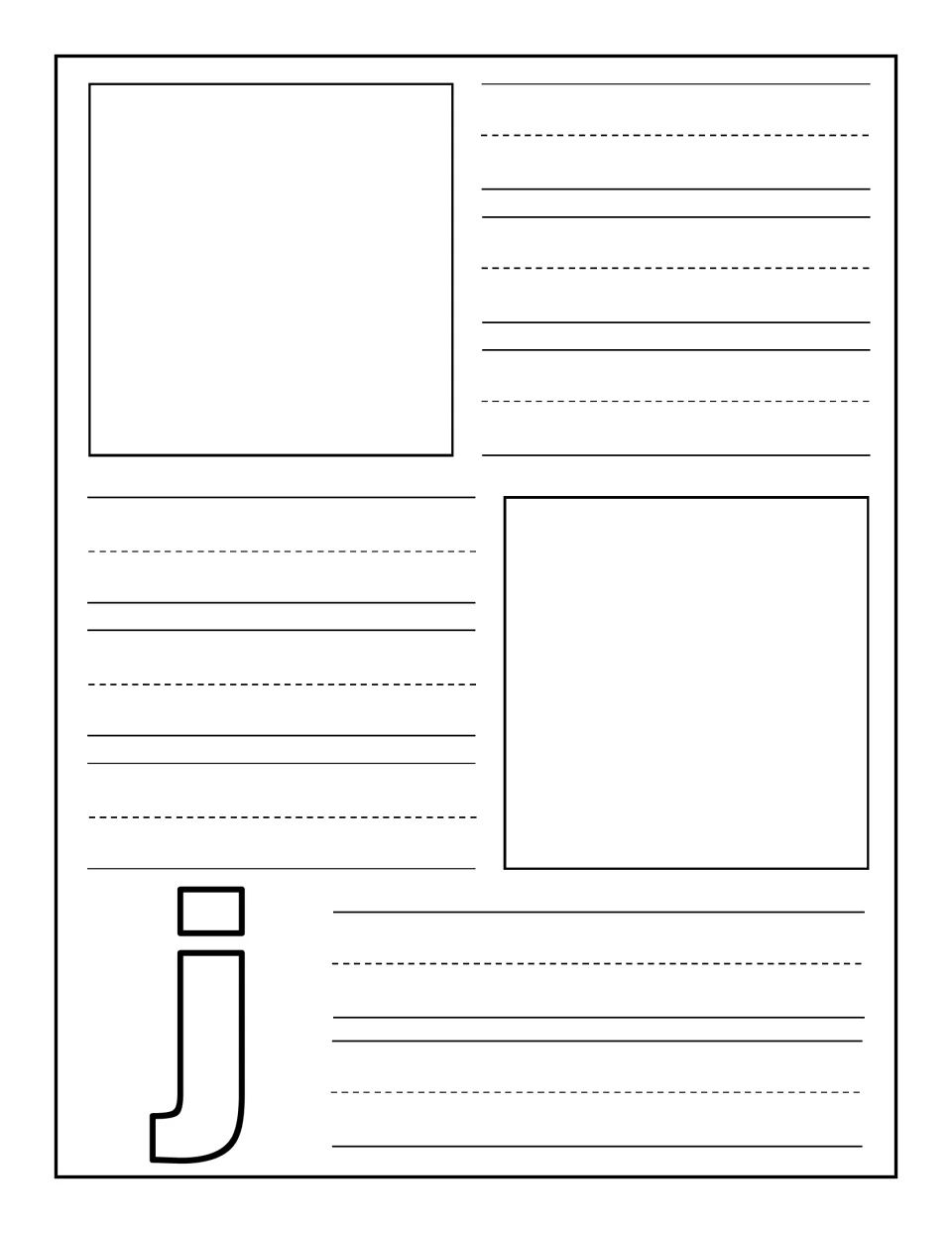 Lowercase j notebooking page: children draw two J pictures and practise writing the word or a short caption for each one