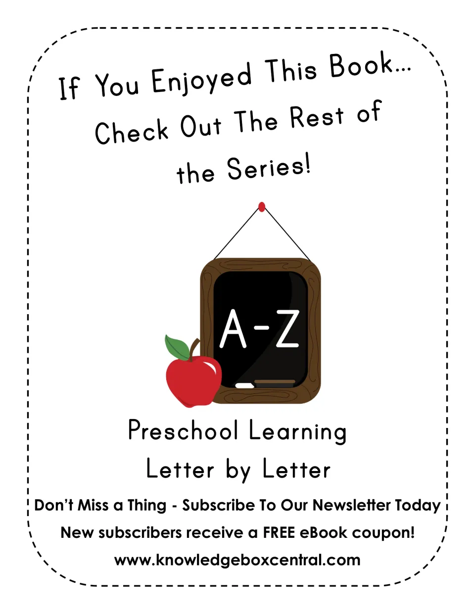Knowledge Box Central ad for the A-Z Preschool Learning Letter by Letter series with a newsletter signup and eBook coupon