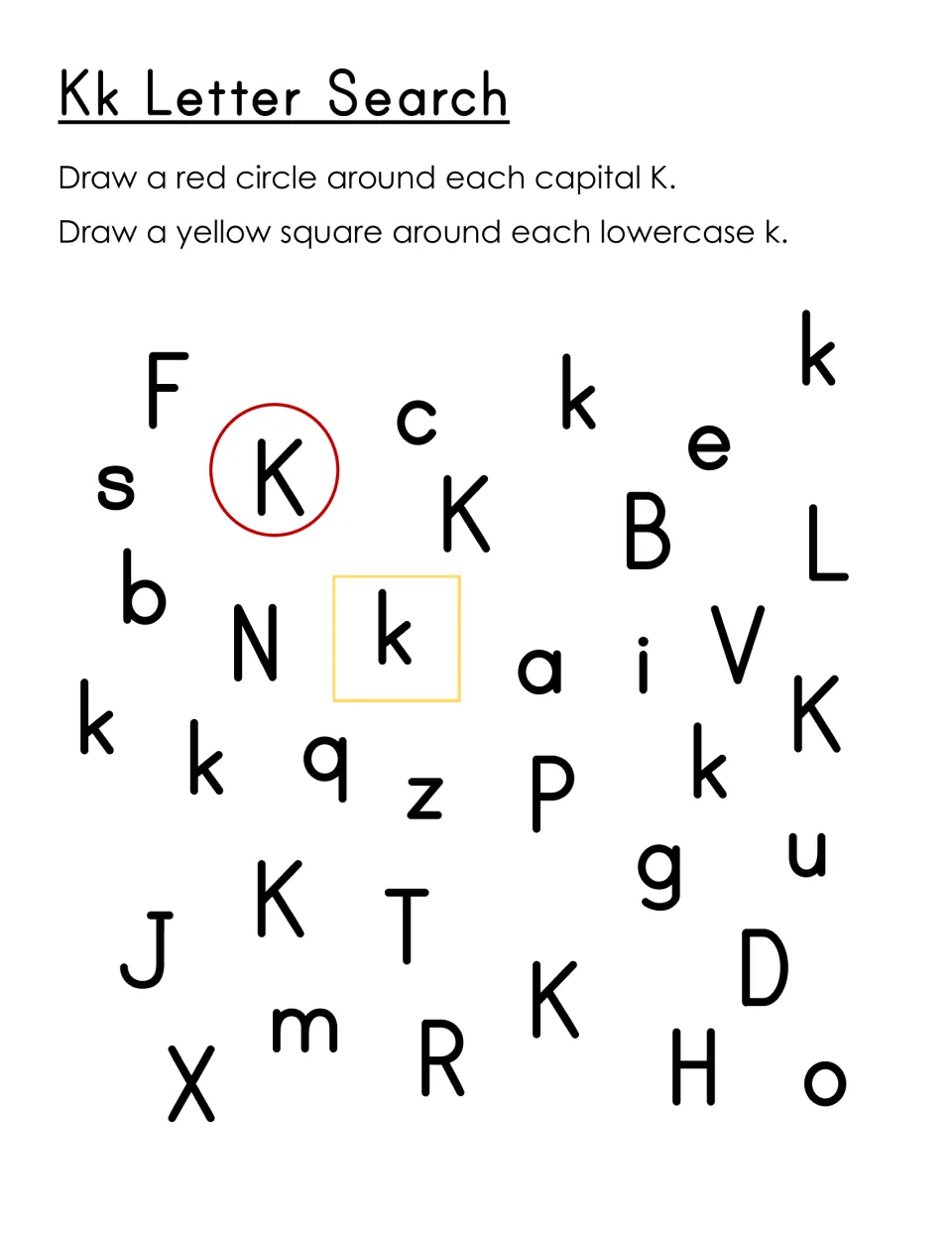 Kk letter search: students draw a red circle around each capital K and a yellow square around each lowercase k