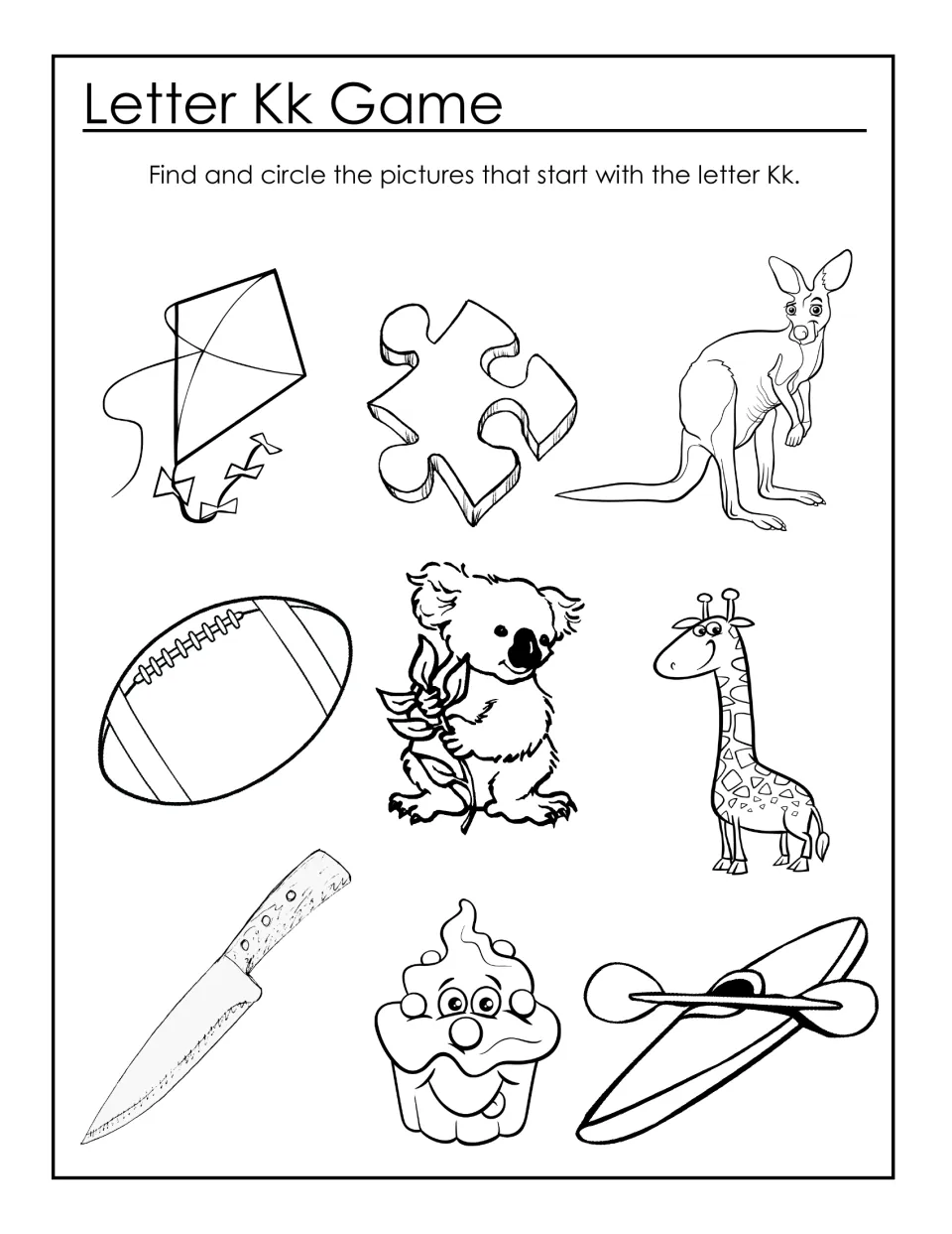 Letter Kk Game: students circle pictures starting with K, such as kite, kangaroo, koala, knife and kayak, among 9 drawings