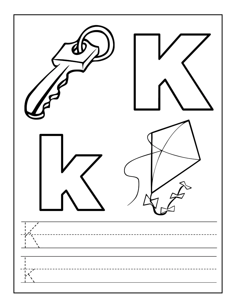 Letter K coloring and tracing: students color outlined K, k, a key and a kite, then trace dotted K and k