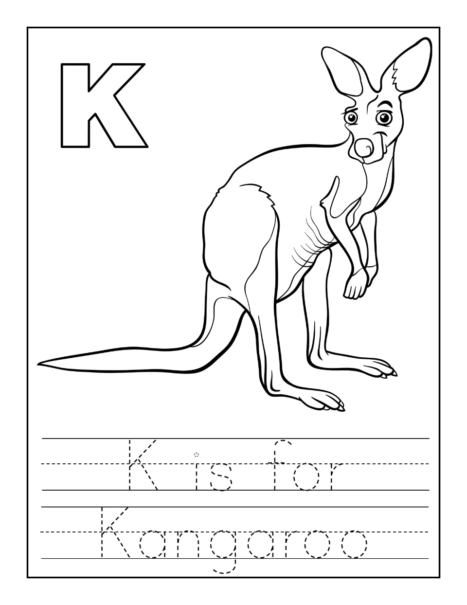 K is for Kangaroo: students color a kangaroo and an outlined K, then trace the dotted sentence 'K is for Kangaroo'