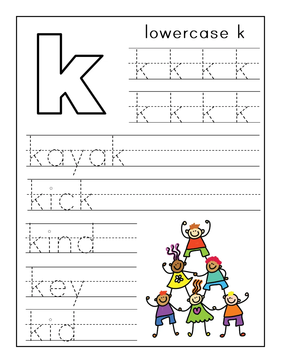 Lowercase k handwriting: students trace rows of dotted k, then the words kayak, kick, kind, key and kid
