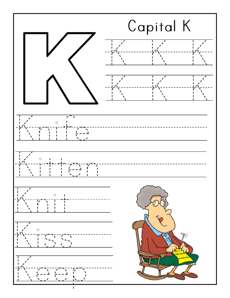 Capital K handwriting: students trace rows of dotted K, then the words Knife, Kitten, Knit, Kiss and Keep