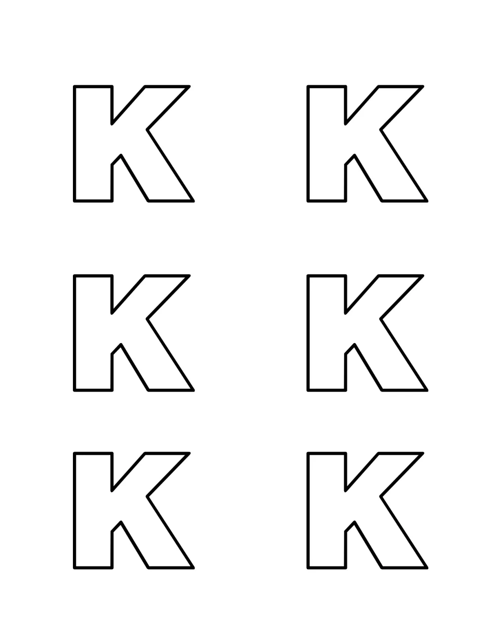 Uppercase K hide-and-seek letters: six large outlines to print on card stock, cut out and hide for children to find