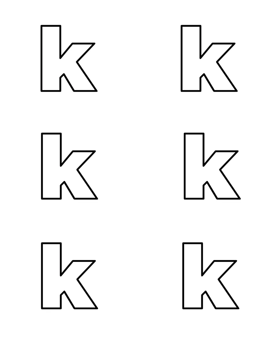 Lowercase k hide-and-seek letters: six outlines to cut out and hide; children search for them to practise recognizing k