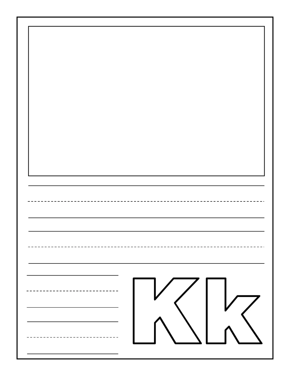 Letter Kk notebooking page: children draw one K picture and write a caption or the word on handwriting rows