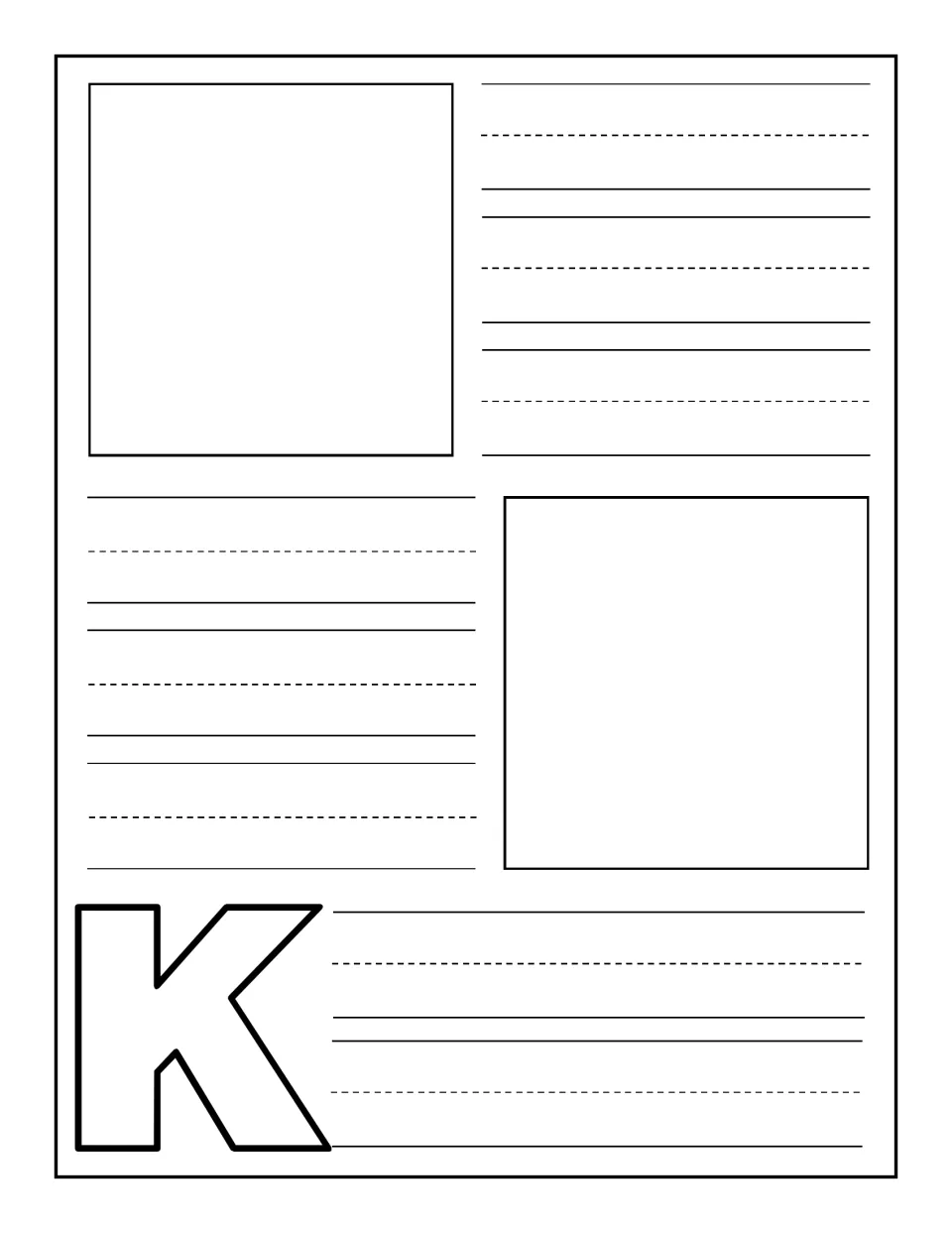 Uppercase K notebooking page: children draw two K pictures and write a word or caption beside each one