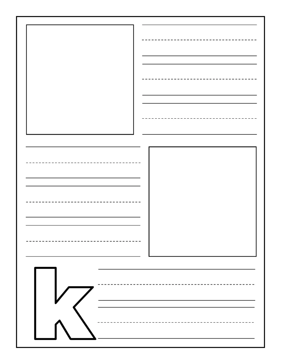 Lowercase k notebooking page: children draw two pictures of k words and practice writing each word nearby