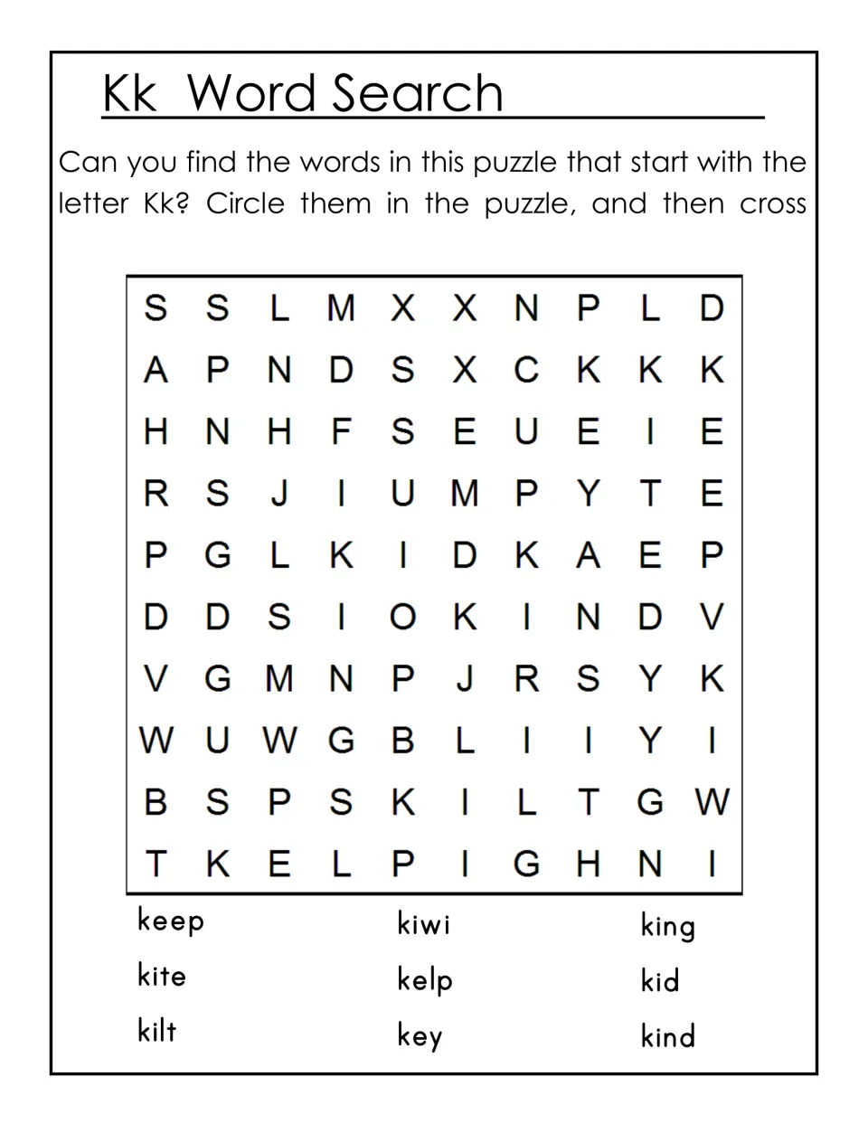Kk word search: children find and circle 9 words starting with K, such as keep, kite, kiwi, king, kelp and key