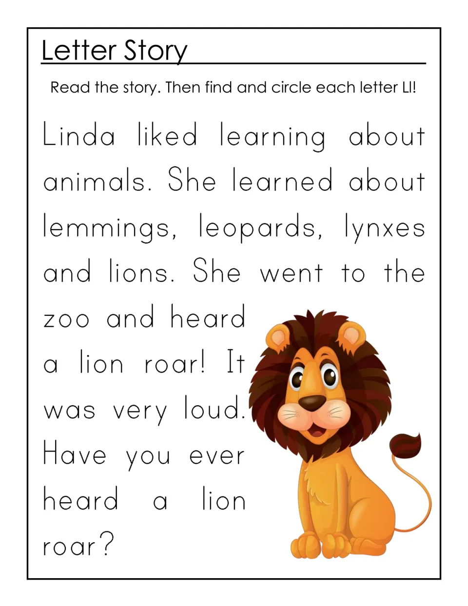 Letter L story: students read a short tale about Linda, lemmings, leopards, lynxes and lions, then circle every L and l