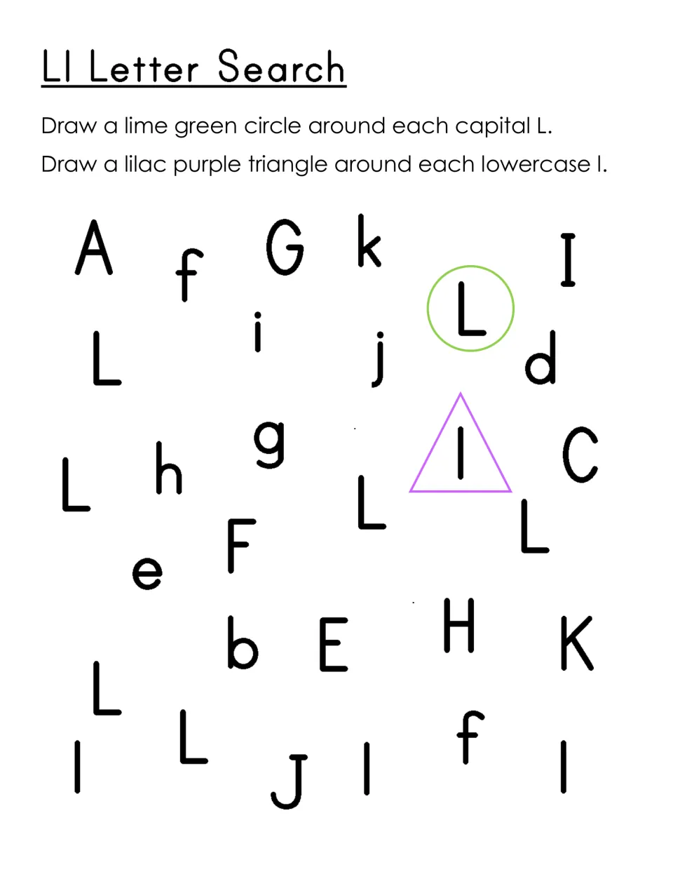 Ll letter search: students circle each capital L in lime green and draw a lilac triangle around each lowercase l