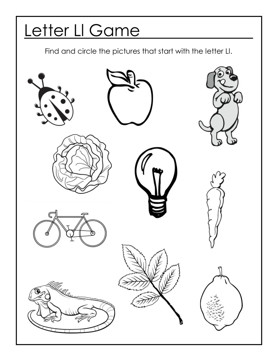 Letter Ll Game: students circle pictures that begin with L, such as ladybug, lemon, leaf, lizard and light bulb