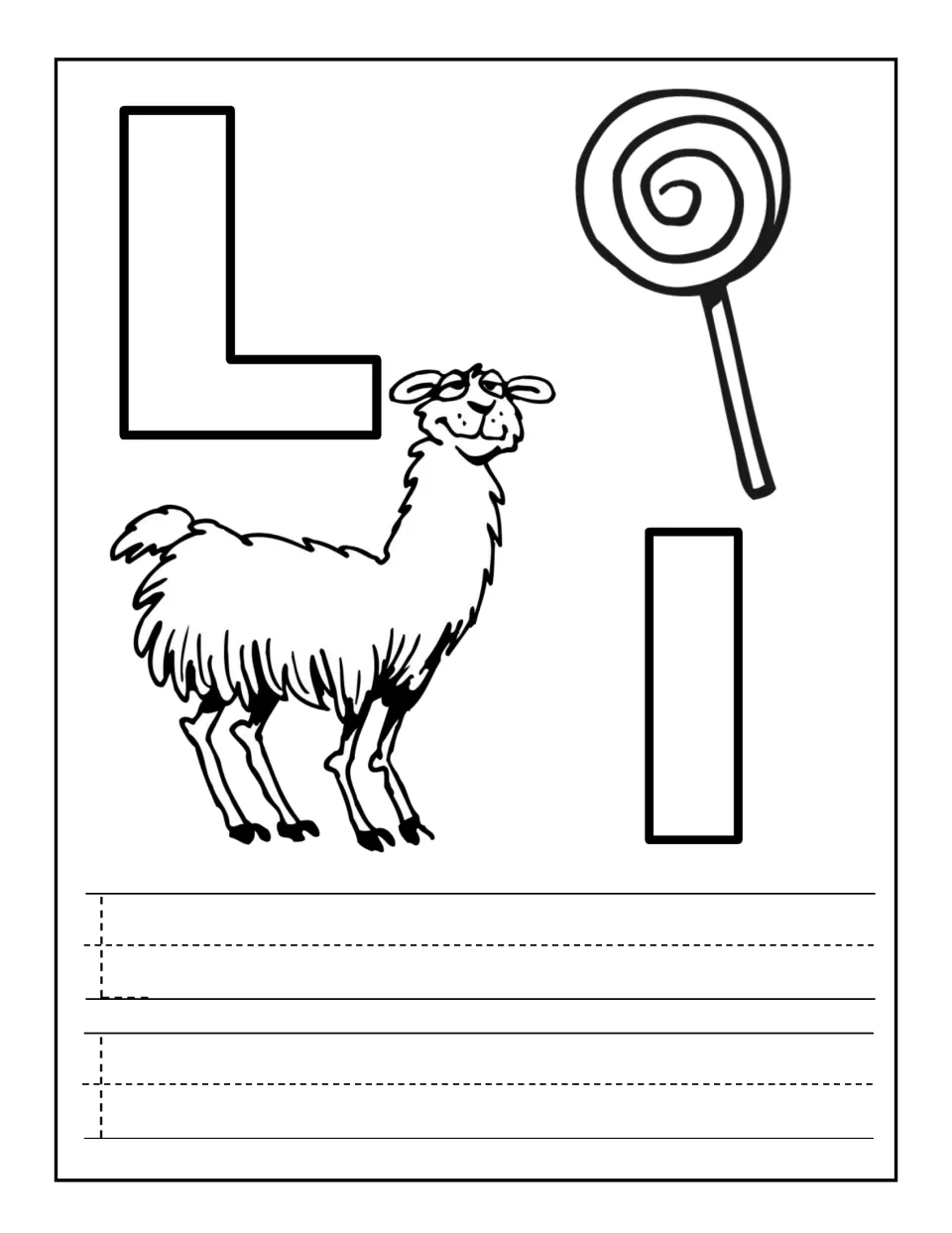 Letter L coloring and tracing: students color outlined L and l, a llama and a lollipop, then trace and write L and l