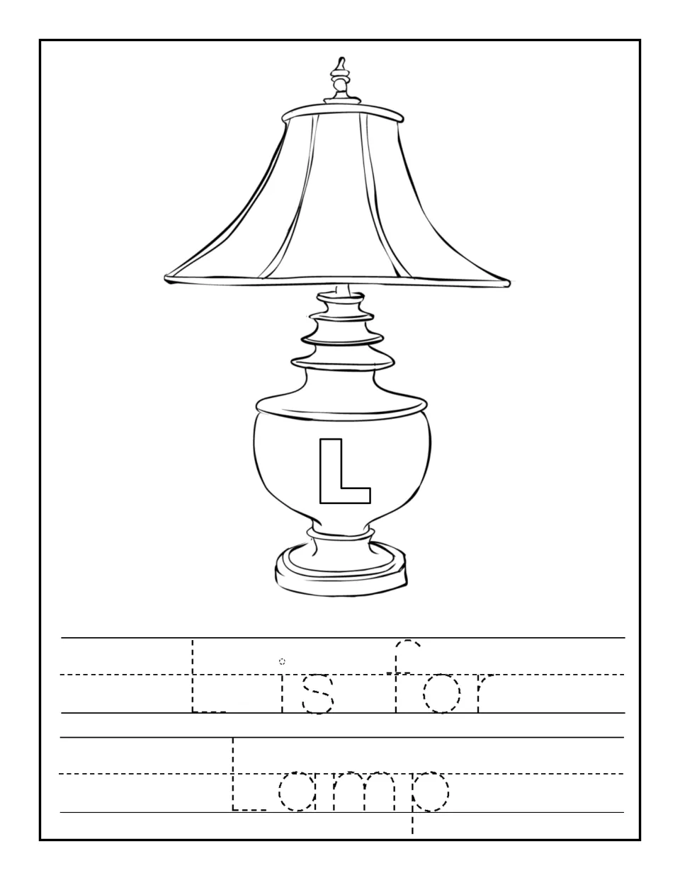 L is for lamp: students color a table lamp marked with an L, then trace the dotted sentence "L is for Lamp"
