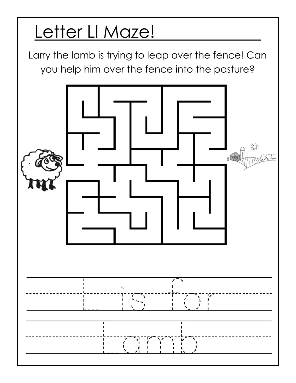 Letter Ll Maze: students guide Larry the lamb through a maze to the pasture, then trace "L is for lamb"