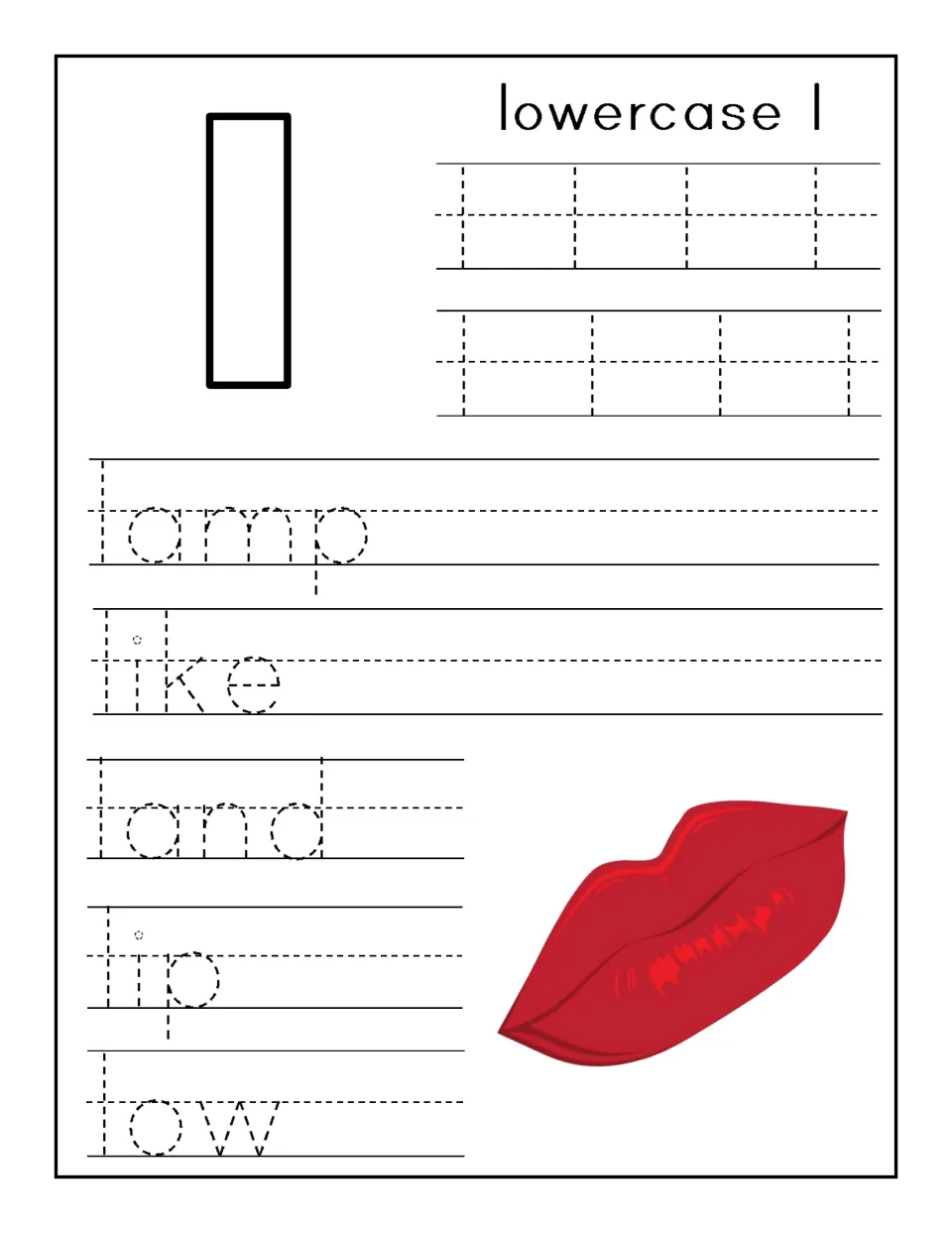 Lowercase l handwriting practice: students trace rows of l, then the words lamp, like, land, lip and low by a lips picture