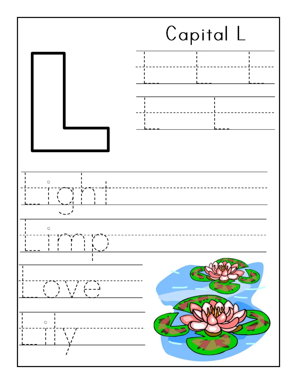 Capital L writing practice: students trace rows of L, then the words Light, Limp, Love and Lily beside water lilies