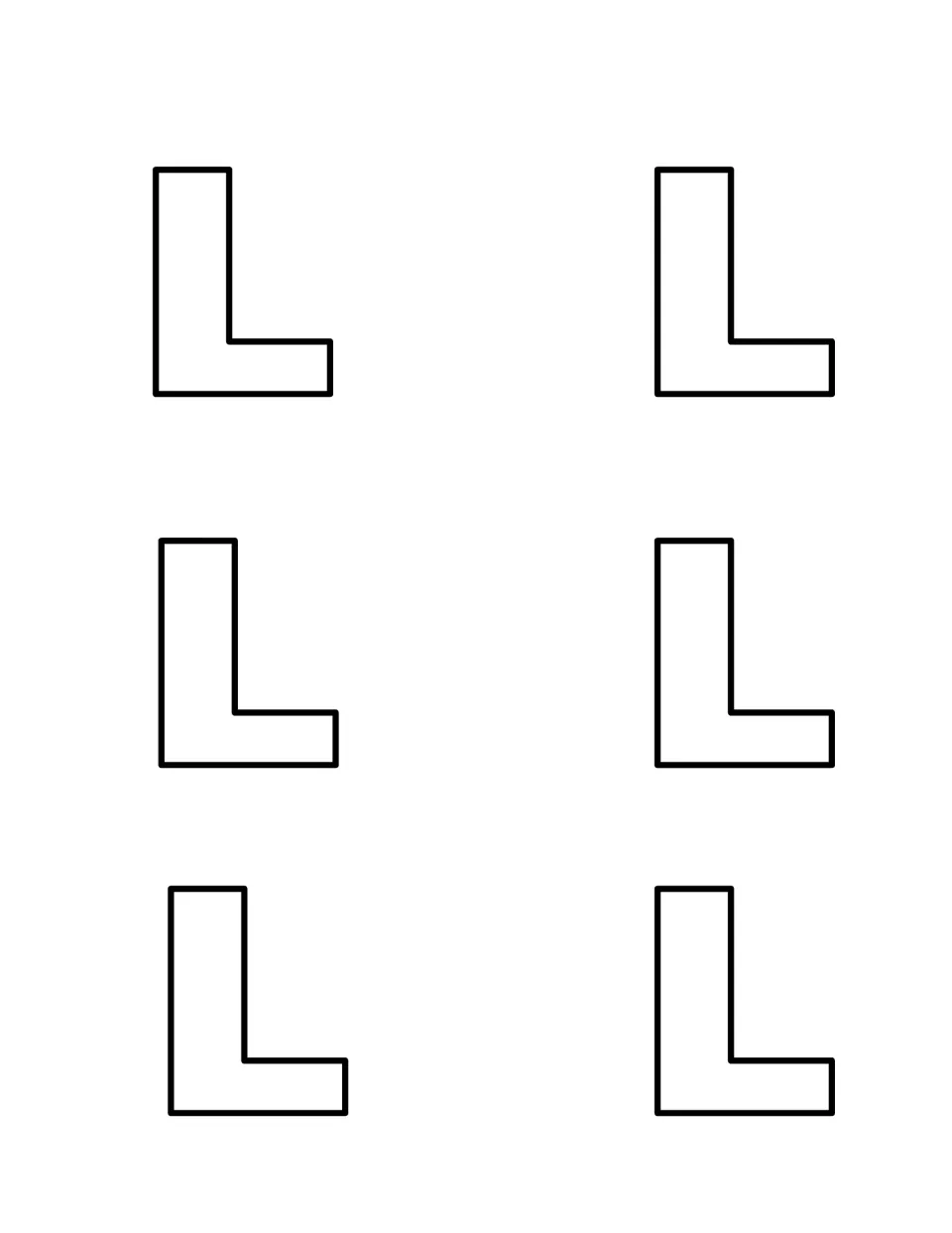 Capital L cards: six outlined uppercase L shapes to cut out and hide, so children practise recognising the capital letter