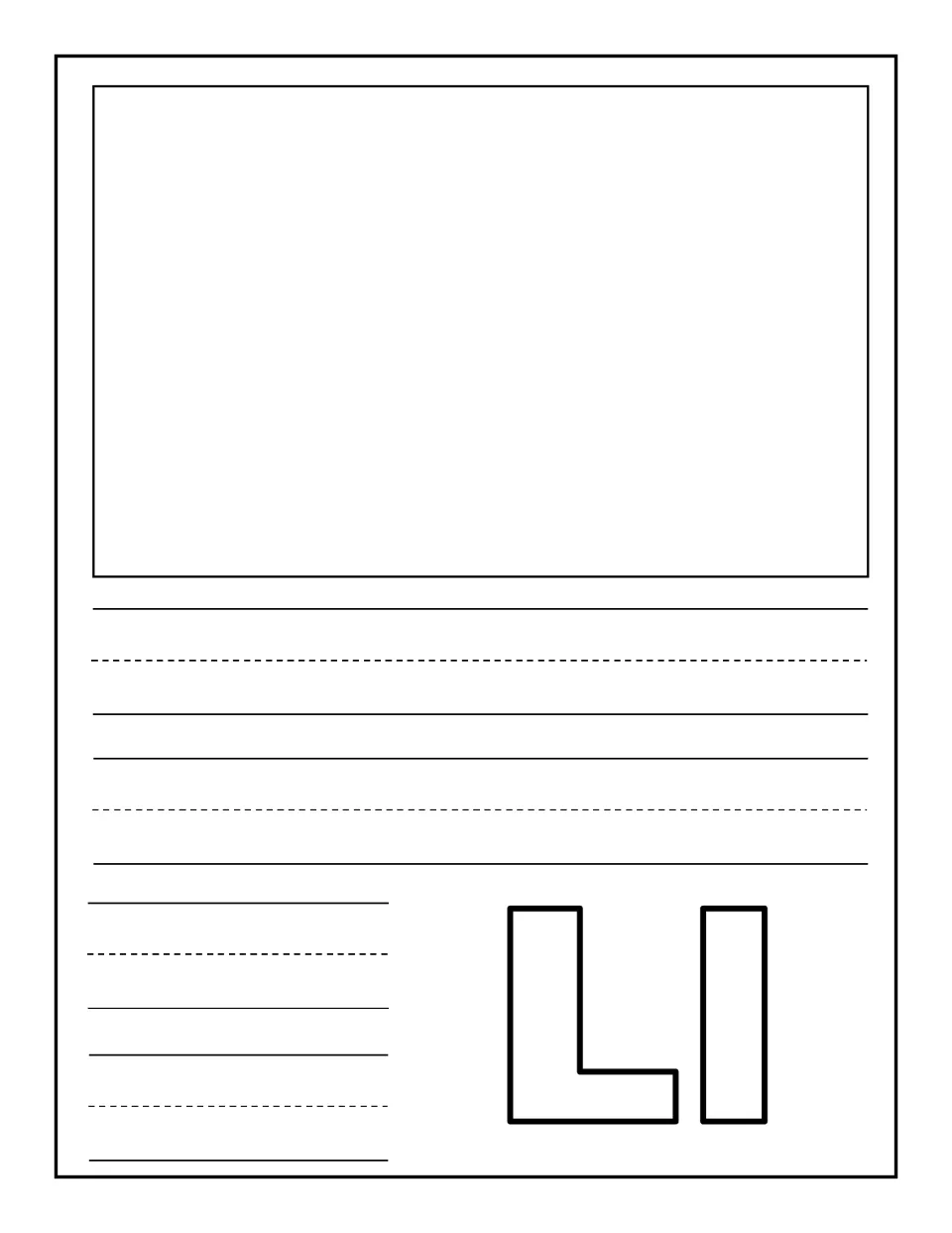 Letter Ll journal page: children draw one large picture of something starting with L and write a caption or the word below