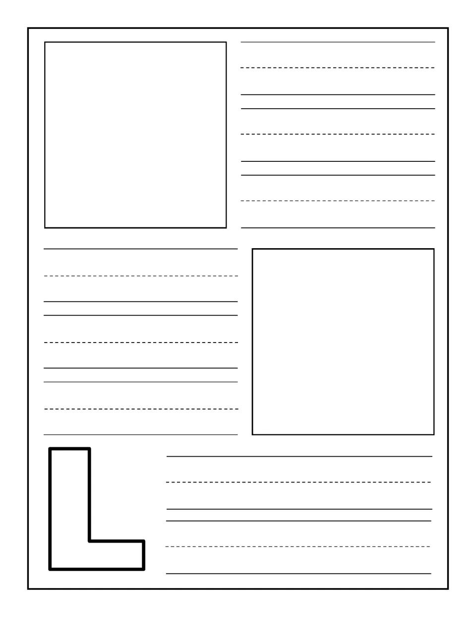 Uppercase L journal page: children draw or glue two L pictures and write a caption or practise each word beside them