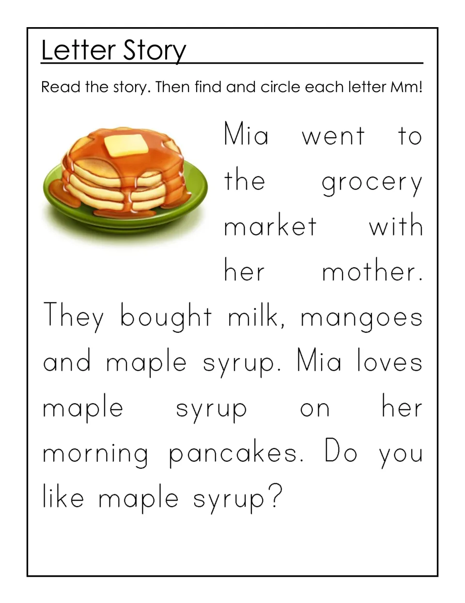 Letter M story about Mia buying milk, mangoes and maple syrup; children read it, then find and circle each M and m